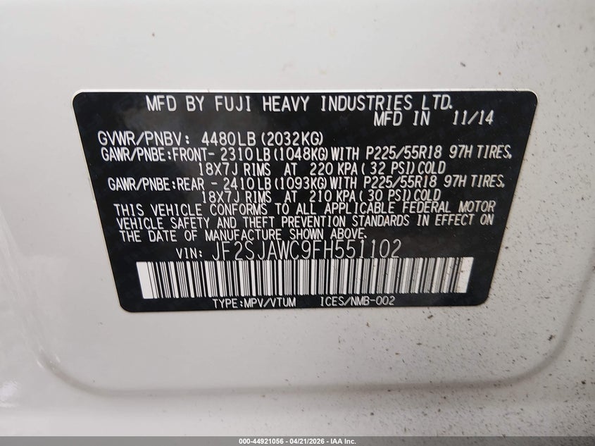 2015 Subaru Forester VIN JF2SJAWC9FH551102 IAAI salvage auction — FRONT END, Salvage Title, sold $975 on 2026-07-12 (photo 9)