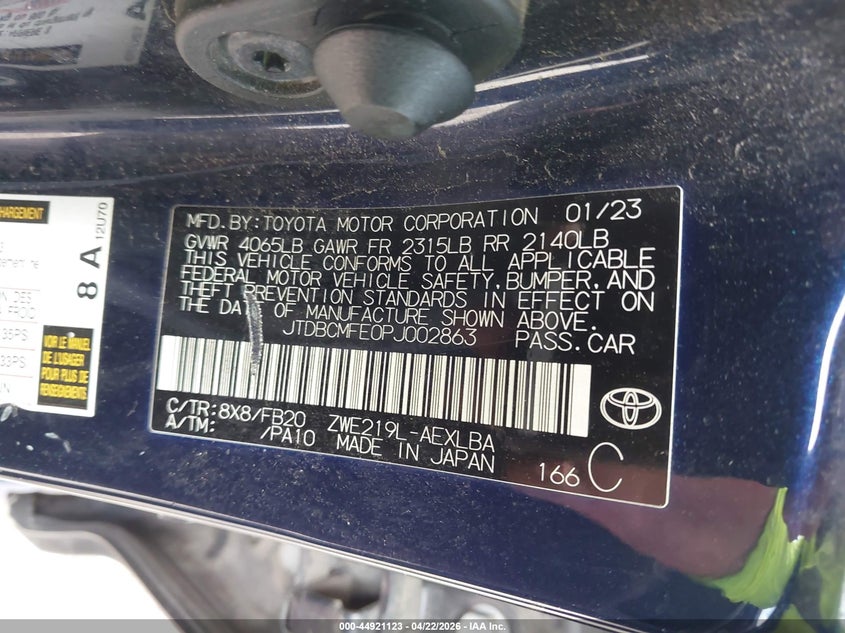 2023 Toyota Corolla VIN JTDBCMFE0PJ002863 IAAI salvage auction — HAIL, Original (Texas), sold $5,050 on 2026-07-27 (photo 9)
