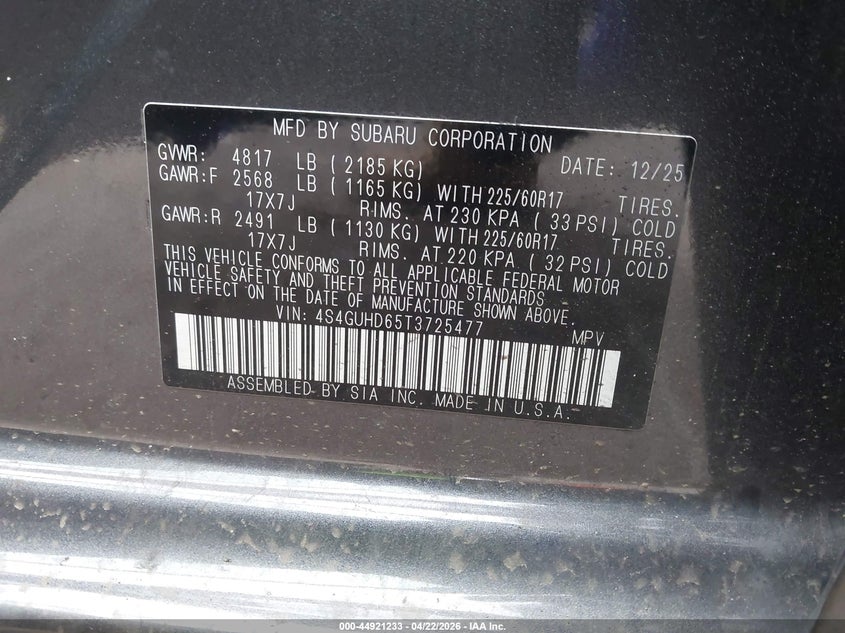 2026 Subaru Xv VIN 4S4GUHD65T3725477 IAAI salvage auction — LEFT SIDE, Salvage Title, sold $8,100 on 2026-07-18 (photo 9)