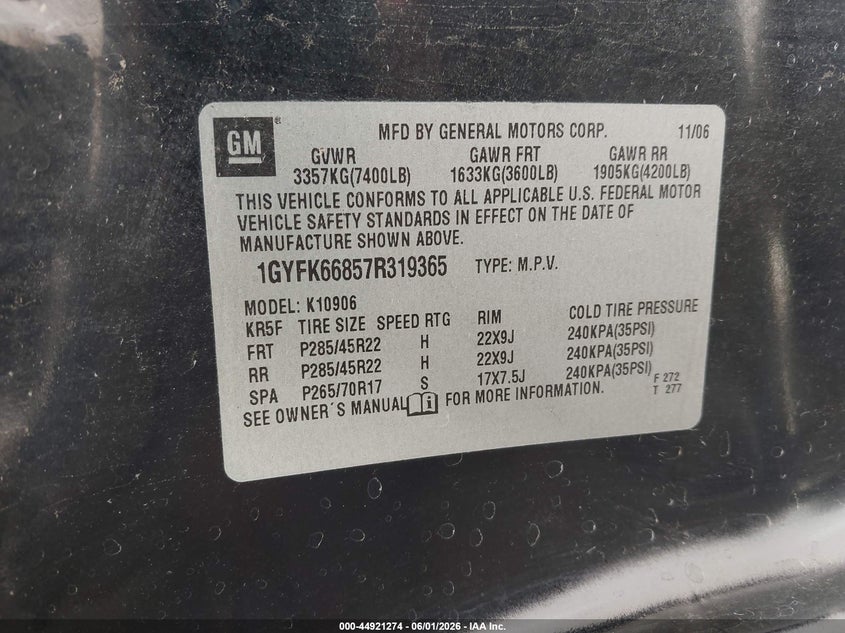 2007 Cadillac Escalade esv VIN 1GYFK66857R319365 IAAI salvage auction — NORMAL WEAR, Clear (Arizona), sold $1,350 on 2026-08-01 (photo 9)