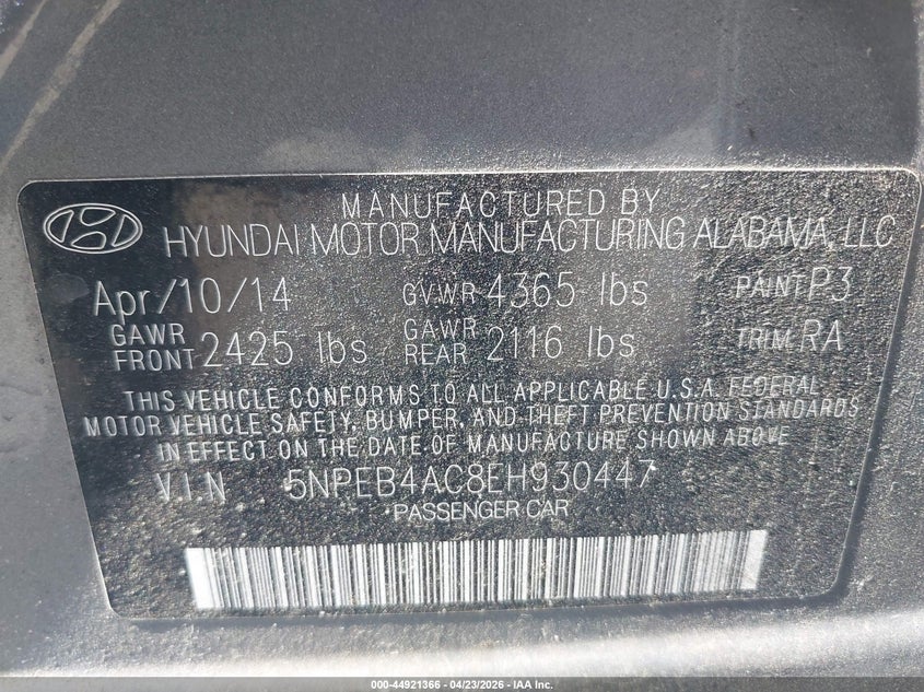 2014 Hyundai Sonata VIN 5NPEB4AC8EH930447 IAAI salvage auction — RIGHT SIDE, Salvage Title, sold $1,425 on 2026-07-06 (photo 9)