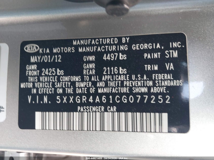 2012 Kia Optima VIN 5XXGR4A61CG077252 IAAI salvage auction — REAR END, Salvage (California), sold $675 on 2026-07-22 (photo 9)