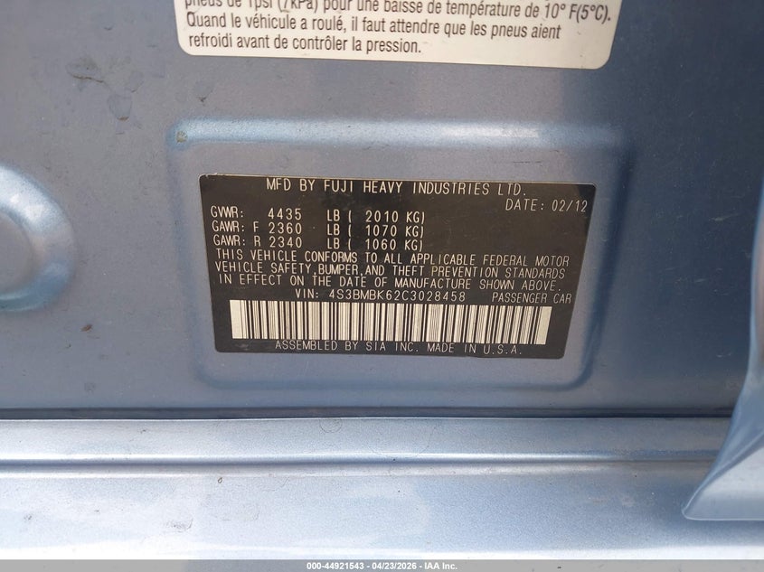 2012 Subaru LEGACY VIN 4S3BMBK62C3028458 IAAI salvage auction — REAR END, Salvage Title, sold $1,950 on 2026-07-21 (photo 9)