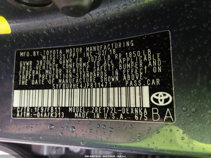 2018 Toyota Corolla VIN 5YFBURHE4JP811471 IAAI salvage auction — FRONT END, Salvage (Texas), sold $3,000 on 2026-07-16 (photo 9)