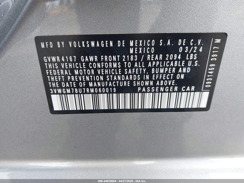 2024 Volkswagen Jetta VIN 3VWGM7BU7RM060019 IAAI salvage auction — REAR END, Salvage Title, sold $10,250 on 2026-07-23 (photo 9)