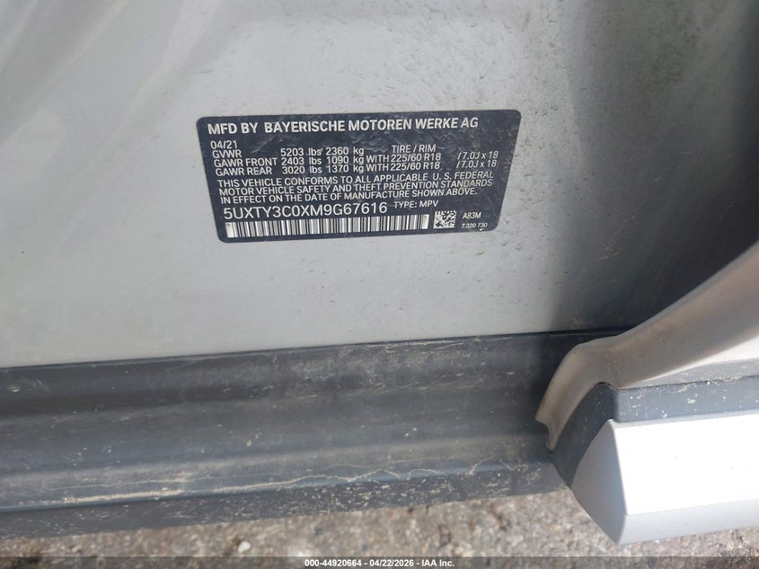 2021 BMW X3 VIN 5UXTY3C0XM9G67616 IAAI salvage auction — FRONT END, Original (Texas), sold $5,200 on 2026-07-08 (photo 9)