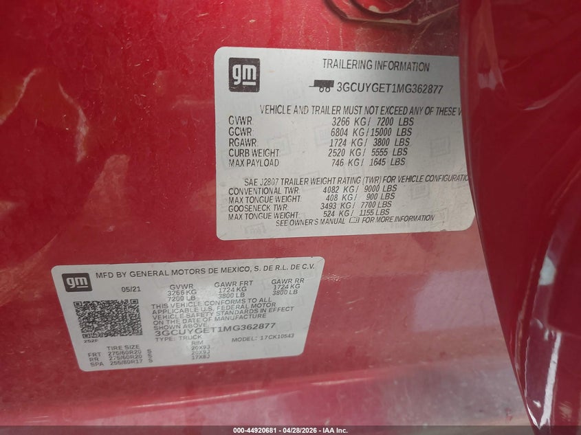 2021 Chevrolet Silverado VIN 3GCUYGET1MG362877 IAAI salvage auction — FRONT END, Original (Texas), sold $10,500 on 2026-07-30 (photo 9)