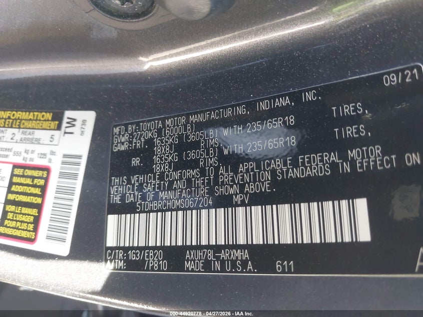 2021 Toyota Highlander VIN 5TDHBRCH0MS067204 IAAI salvage auction — LEFT FRONT, Salvage Title, sold $16,150 on 2026-07-17 (photo 9)