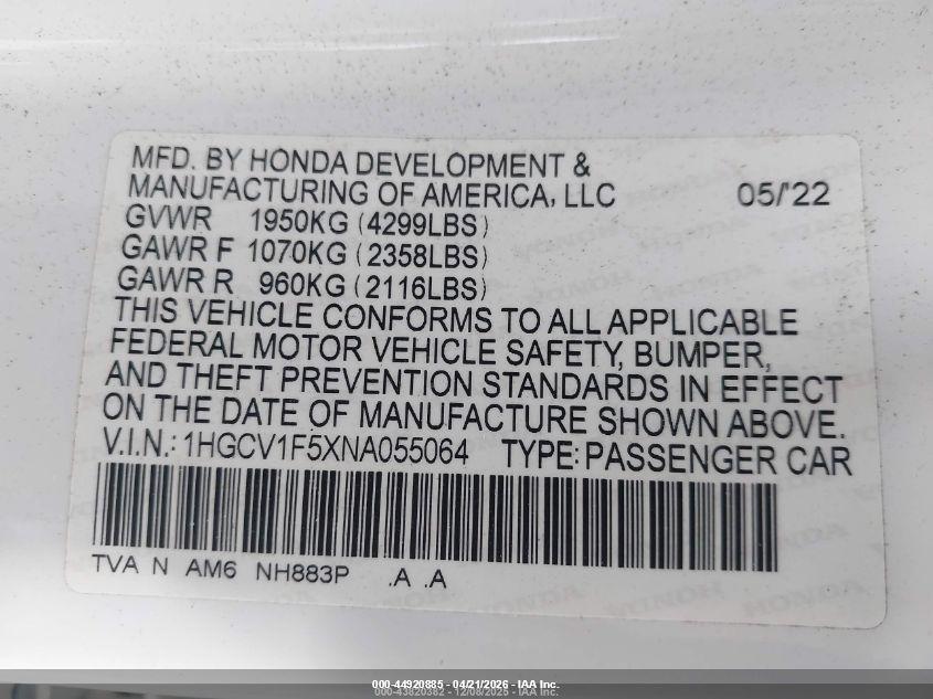 2022 Honda Accord VIN 1HGCV1F5XNA055064 IAAI salvage auction — ENGINE DAMAGE, Clear (Virginia), sold $9,900 on 2026-07-28 (photo 9)