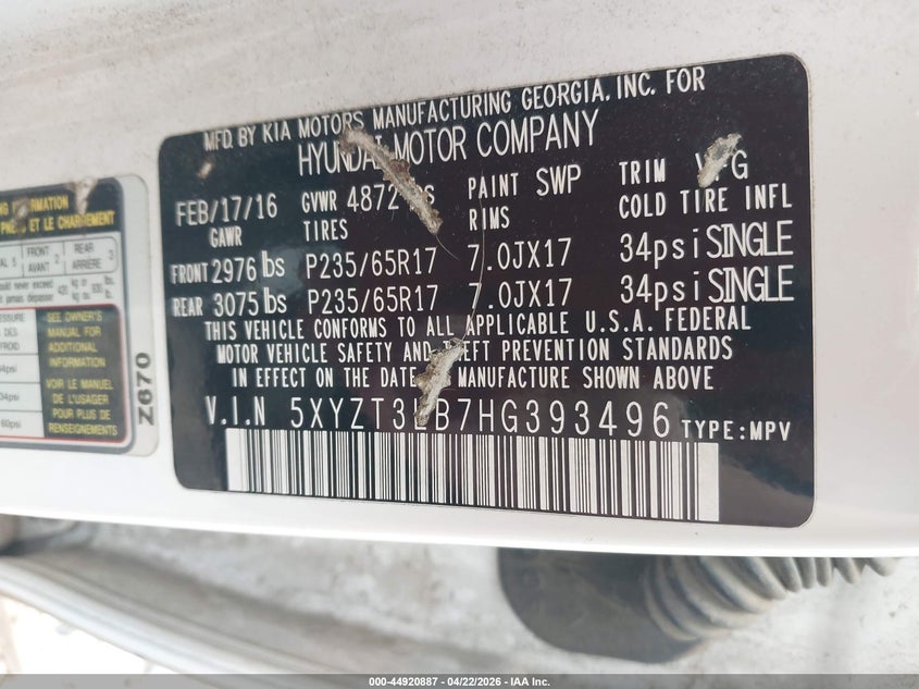2017 Hyundai Santa fe VIN 5XYZT3LB7HG393496 IAAI salvage auction — FRONT END, Wait Title, sold $1,850 on 2026-07-15 (photo 9)