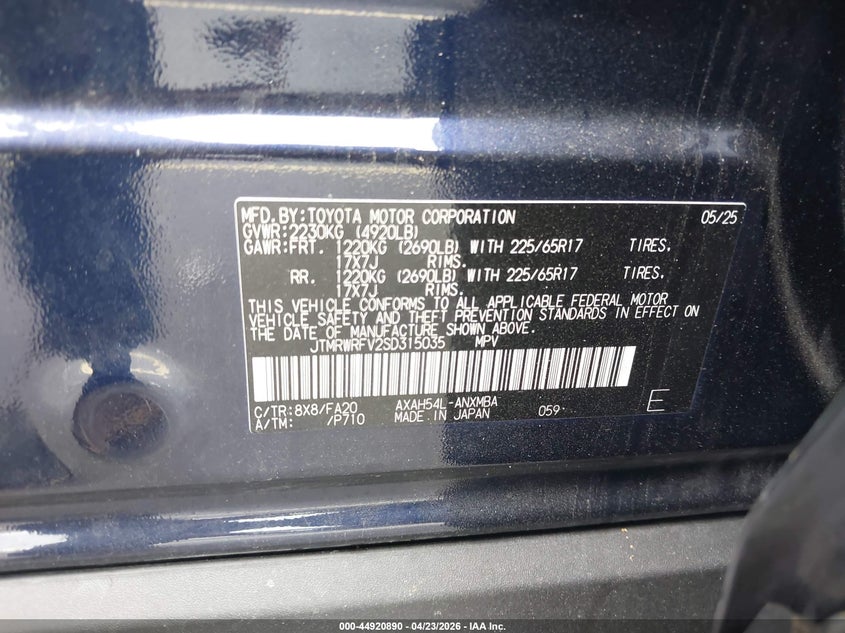 2025 Toyota Rav 4 VIN JTMRWRFV2SD315035 IAAI salvage auction — FRONT END, Certificate Of Destruction (Florida), sold $5,300 on 2026-07-30 (photo 9)