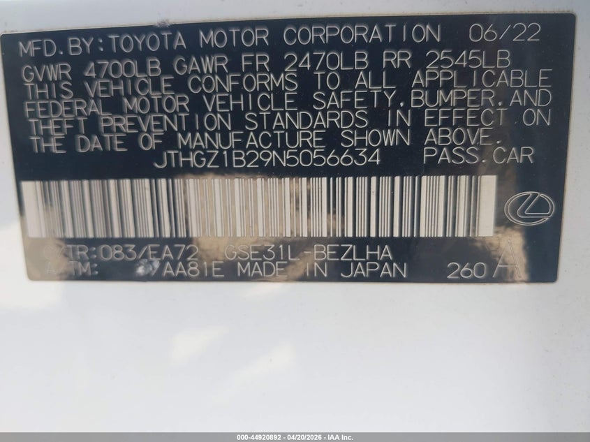 2022 Lexus Is VIN JTHGZ1B29N5056634 IAAI salvage auction — LEFT SIDE, Salvage Title, sold $7,100 on 2026-07-08 (photo 9)