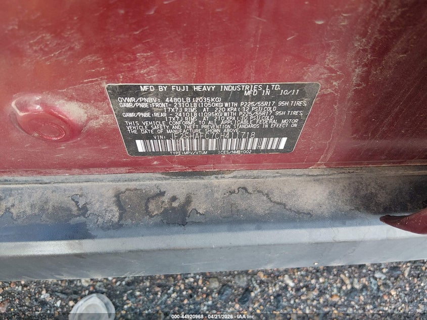 2012 Subaru Forester VIN JF2SHAFC7CH411718 IAAI salvage auction — NORMAL WEAR, Salvage (Texas), sold $450 on 2026-07-21 (photo 9)