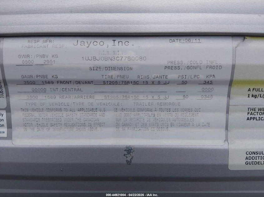 2012 Jayco Jay flight VIN 1UJBJ0BN3C77B0080 IAAI salvage auction — THEFT, Salvage (California), sold $1,250 on 2026-09-23 (photo 9)