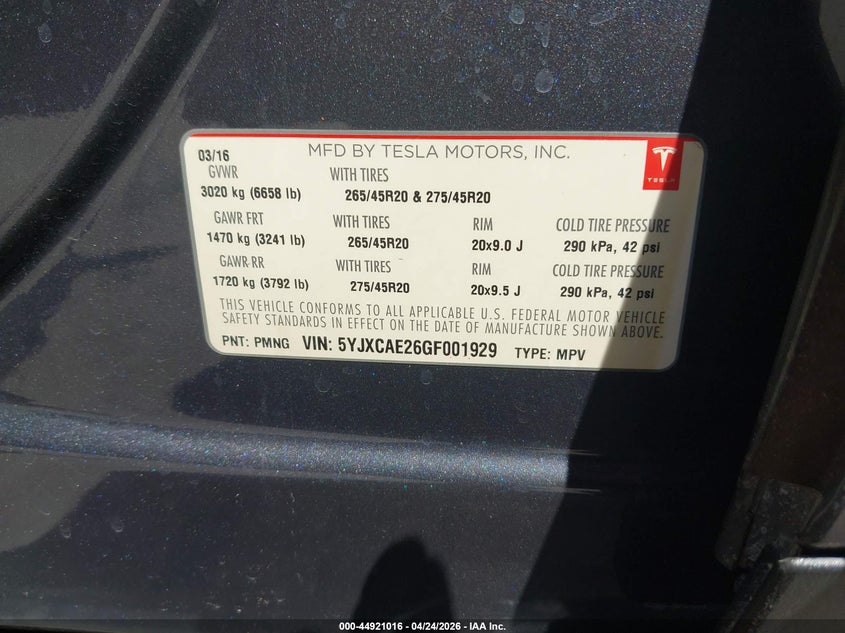 2016 Tesla Model x VIN 5YJXCAE26GF001929 IAAI salvage auction — REAR END, Salvage (Arizona), sold $5,700 on 2026-07-28 (photo 9)