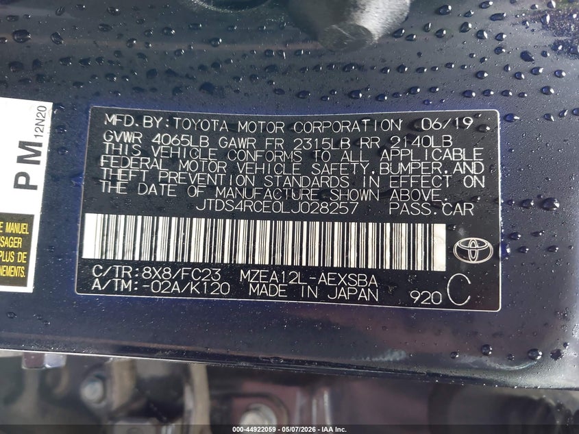 2020 Toyota Corolla VIN JTDS4RCE0LJ028257 IAAI salvage auction — FRONT END, Salvage (Georgia), sold $2,950 on 2026-07-14 (photo 9)
