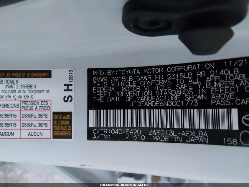 2022 Toyota Corolla VIN JTDEAMDE6N3001773 IAAI salvage auction — ROLLOVER, Wait Title, sold $275 on 2026-07-22 (photo 9)