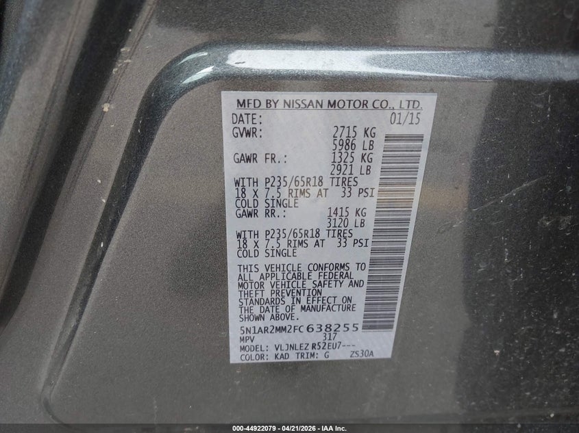 2015 Nissan Pathfinder VIN 5N1AR2MM2FC638255 IAAI salvage auction — FRONT END, Salvage (Utah), sold $1,600 on 2026-07-09 (photo 9)