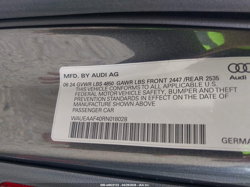 2024 Audi A4 VIN WAUEAAF40RN018028 IAAI salvage auction — LEFT SIDE, Clear (Oklahoma), sold $15,650 on 2026-07-09 (photo 9)