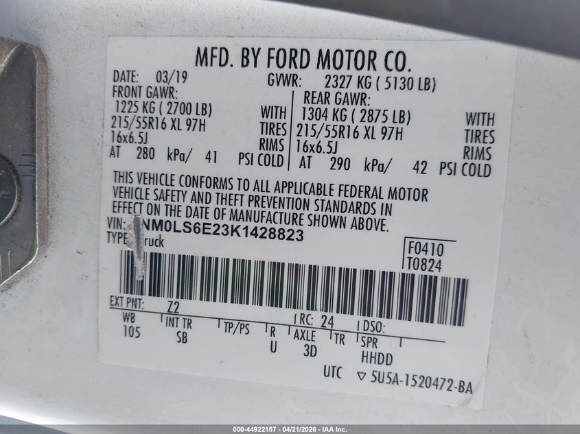 2019 Ford Transit VIN NM0LS6E23K1428823 IAAI salvage auction — RIGHT SIDE, Rebuildable (Florida), sold $1,675 on 2026-07-13 (photo 9)