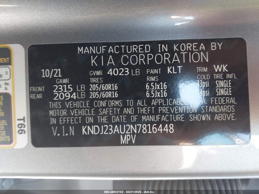 2022 Kia Soul VIN KNDJ23AU2N7816448 IAAI salvage auction — FRONT END, Salvage Title, sold $1,800 on 2026-07-18 (photo 9)