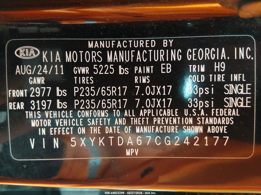 2012 Kia Sorento VIN 5XYKTDA67CG242177 IAAI salvage auction — NORMAL WEAR, Clear (Florida), sold $475 on 2026-07-07 (photo 9)
