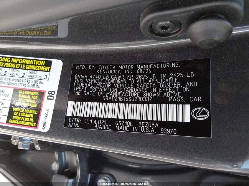2025 Lexus ES VIN 58ADZ1B15SU210337 IAAI salvage auction — FRONT END, Salvage Title, sold $21,950 on 2026-07-21 (photo 9)