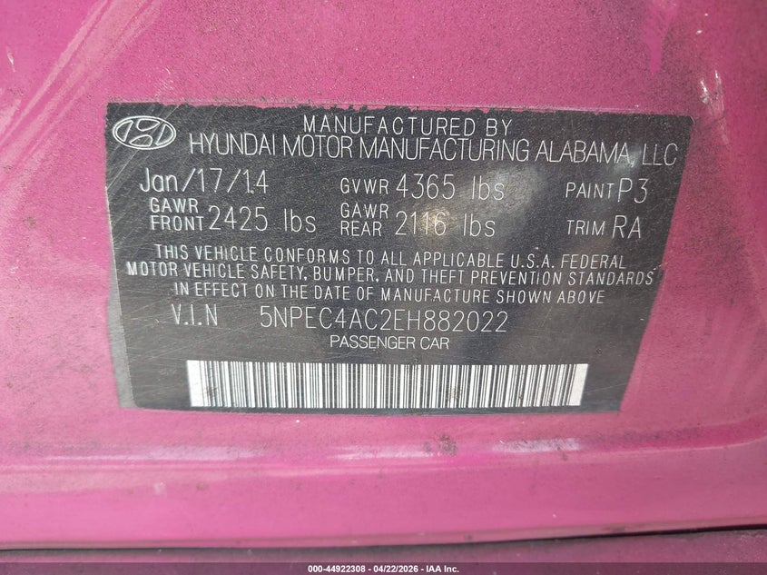2014 Hyundai Sonata VIN 5NPEC4AC2EH882022 IAAI salvage auction — LEFT SIDE, Salvage Title, sold $275 on 2026-07-22 (photo 9)