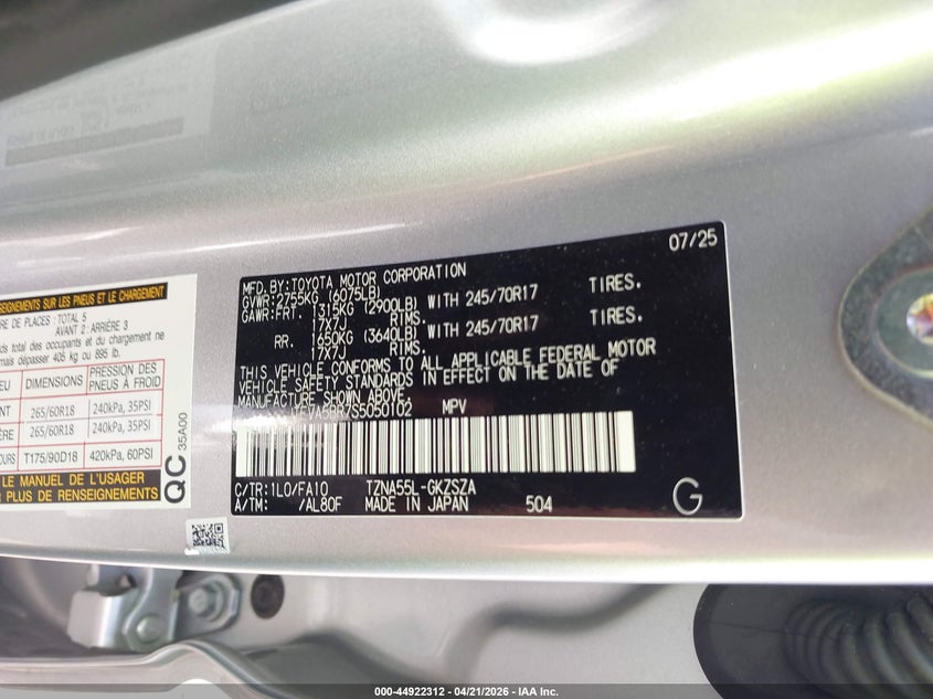 2025 Toyota 4runner VIN JTEVA5BR7S5050102 IAAI salvage auction — FRONT END, Wait Title, sold $19,400 on 2026-07-14 (photo 9)
