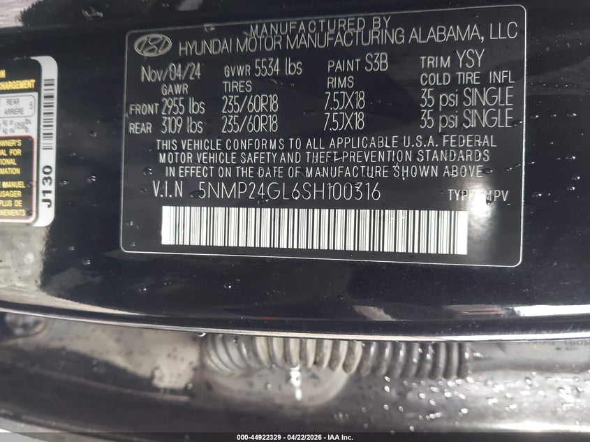 2025 Hyundai Santa fe VIN 5NMP24GL6SH100316 IAAI salvage auction — LEFT REAR, Original (Texas), sold $8,500 on 2026-07-29 (photo 9)