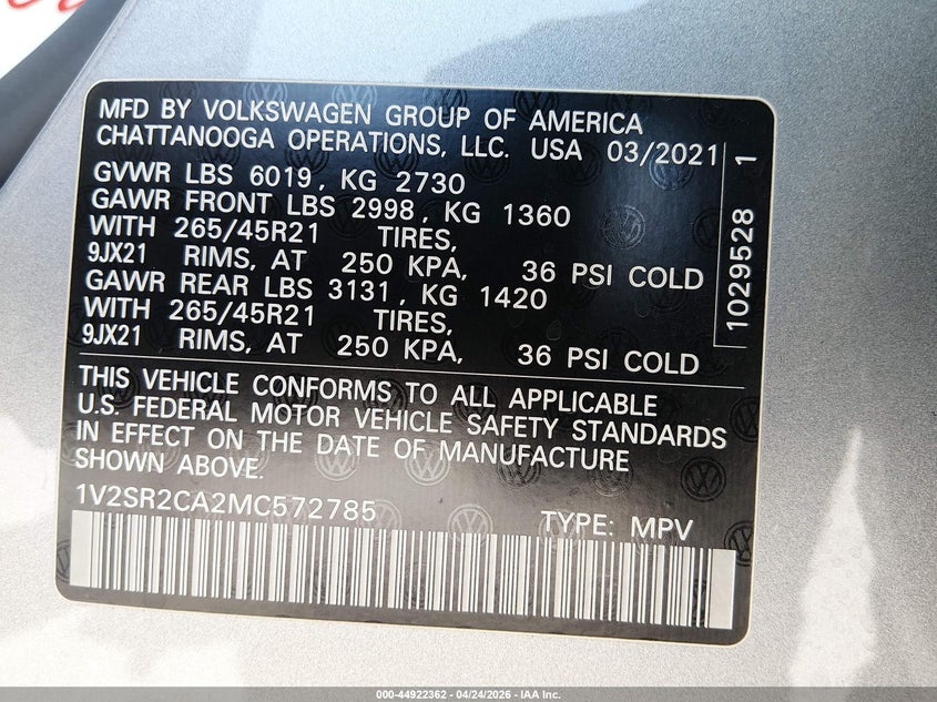 2021 Volkswagen Atlas VIN 1V2SR2CA2MC572785 IAAI salvage auction — REAR END, Salvage Title, sold $8,000 on 2026-07-10 (photo 9)