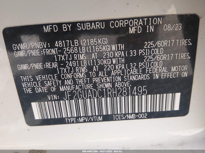 2024 Subaru Xv VIN JF2GUADC1RH281495 IAAI salvage auction — UNDERCARRIAGE, Salvage (Vermont), sold $10,100 on 2026-07-16 (photo 9)