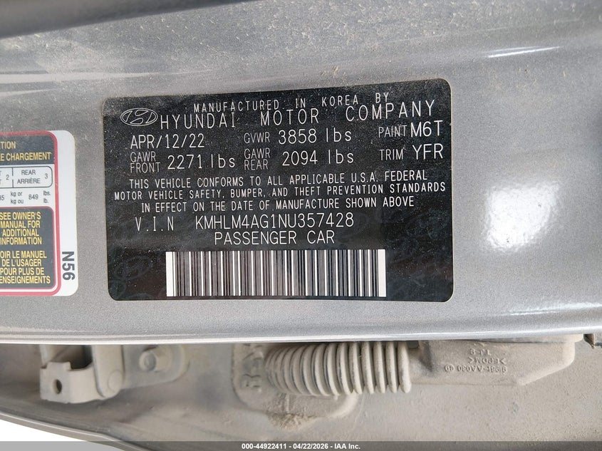 2022 Hyundai Elantra VIN KMHLM4AG1NU357428 IAAI salvage auction — FRONT END, Salvage (Kentucky), sold $1,600 on 2026-07-22 (photo 9)