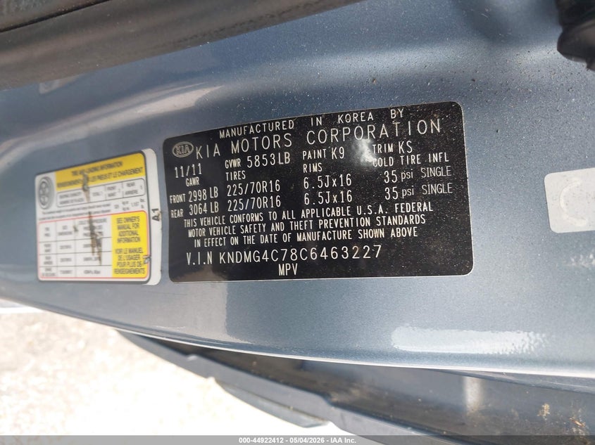 2012 Kia SEDONA VIN KNDMG4C78C6463227 IAAI salvage auction — FRONT END, Salvage (Texas), sold $1,075 on 2026-07-08 (photo 9)