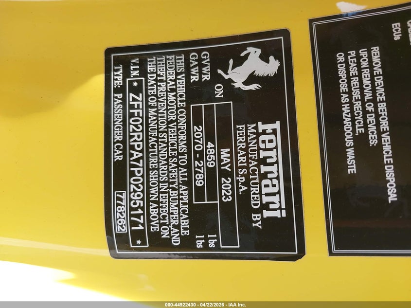 2023 Ferrari VIN ZFF02RPA7P0295171 IAAI salvage auction — FRONT END, Salvage Certificate (California), sold $84,600 on 2026-07-06 (photo 9)