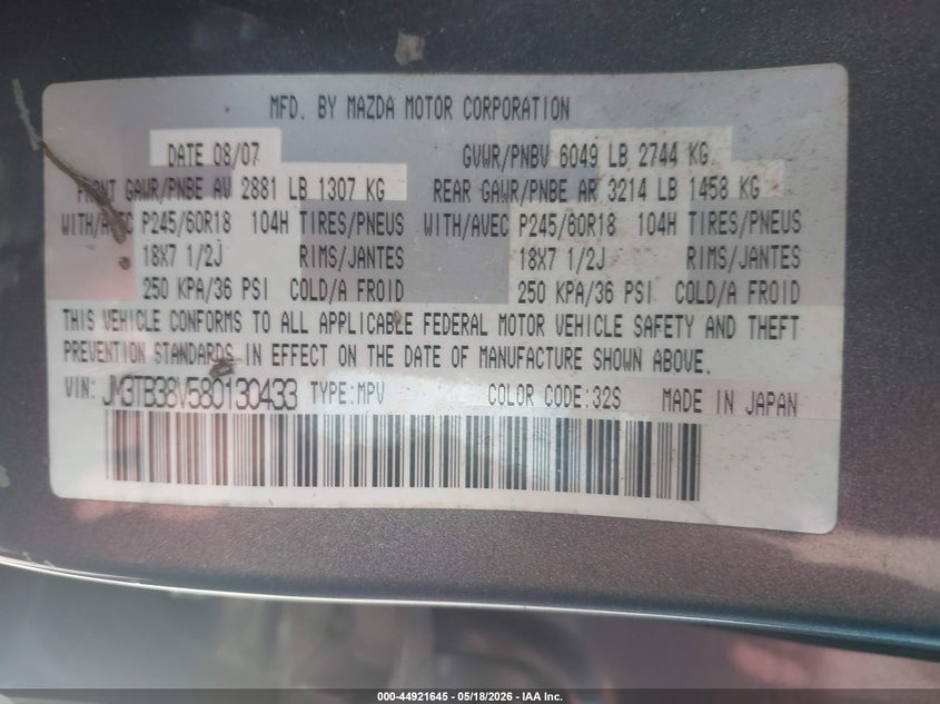 2008 Mazda Cx-9 VIN JM3TB38V580130433 IAAI salvage auction — LEFT SIDE, Clear (Virginia), sold $225 on 2026-07-29 (photo 9)