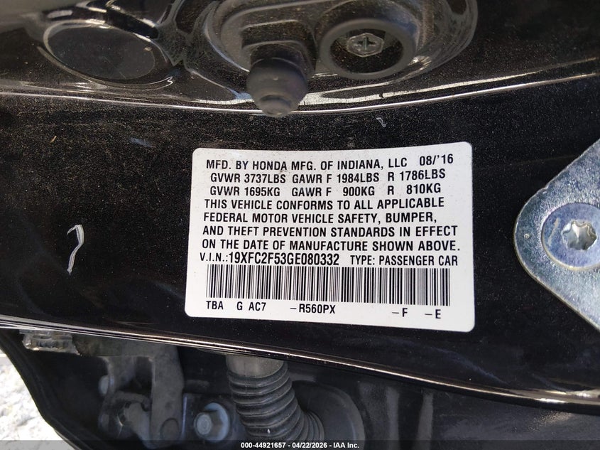 2016 Honda Civic VIN 19XFC2F53GE080332 IAAI salvage auction — FRONT END, Salvage Title, sold $2,250 on 2026-08-23 (photo 9)