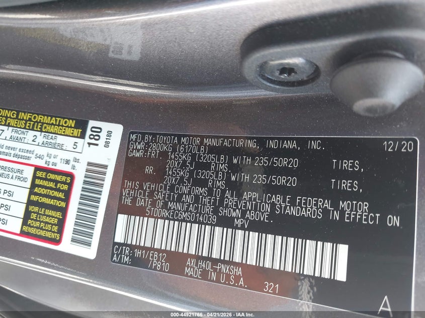 2021 Toyota Sienna VIN 5TDDRKEC6MS014039 IAAI salvage auction — FRONT END, Salvage (California), sold $14,500 on 2026-07-07 (photo 9)