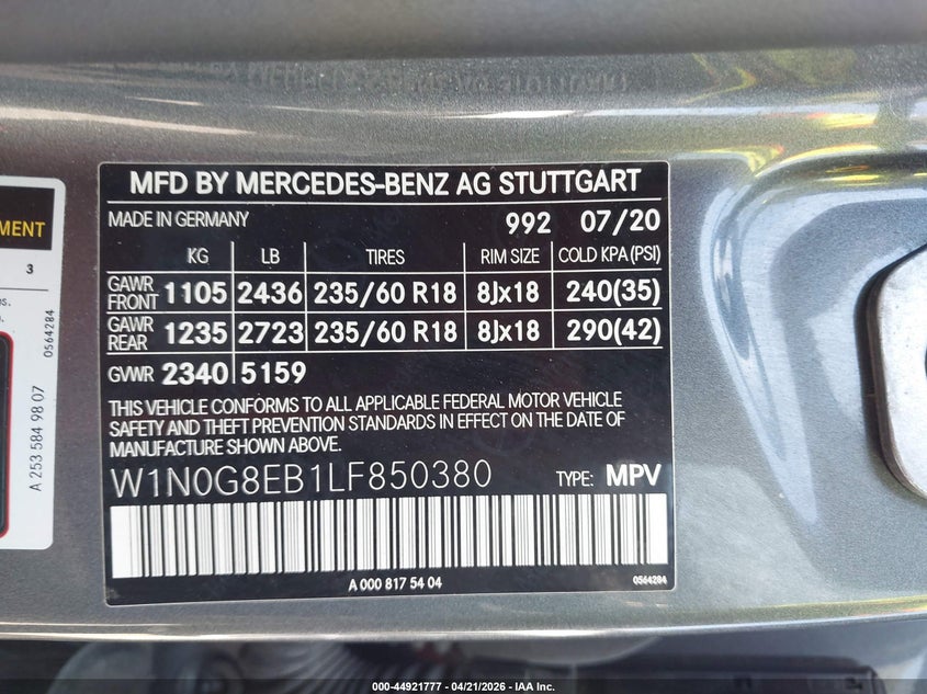 2020 Mercedes-benz Glc VIN W1N0G8EB1LF850380 IAAI salvage auction — FRONT END, Salvage Title, sold $13,200 on 2026-07-09 (photo 9)