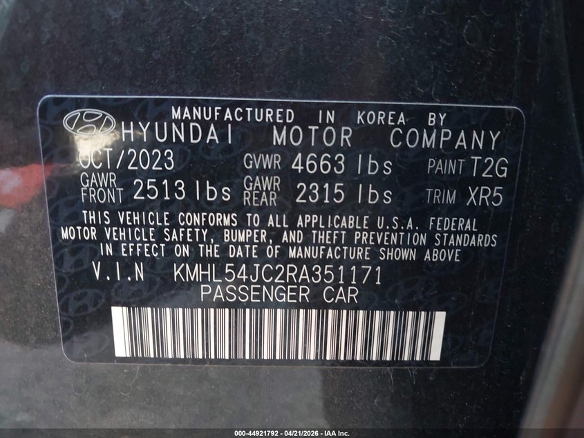 2024 Hyundai Sonata VIN KMHL54JC2RA351171 IAAI salvage auction — REAR END, Salvage Title, sold $10,500 on 2026-07-09 (photo 9)