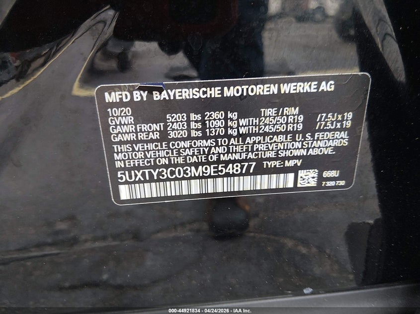 2021 BMW X3 VIN 5UXTY3C03M9E54877 IAAI salvage auction — FRONT END, Salvage Title, sold $5,200 on 2026-07-23 (photo 9)