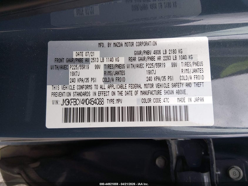 2021 Mazda Cx-5 VIN JM3KFBCY4M0454088 IAAI salvage auction — FRONT END, Salvage Title, sold $6,050 on 2026-07-21 (photo 9)
