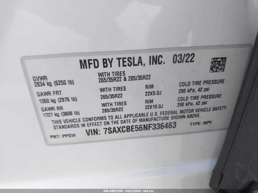 2022 Tesla Model x VIN 7SAXCBE56NF336463 IAAI salvage auction — FRONT END, Salvage Title, sold $5,100 on 2026-07-29 (photo 9)