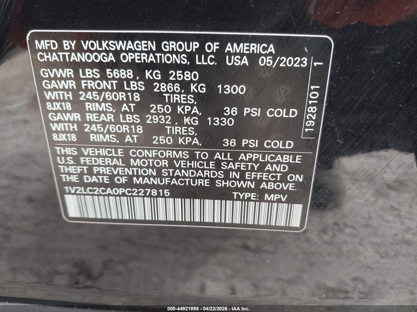 2023 Volkswagen Atlas cross sport VIN 1V2LC2CA0PC227815 IAAI salvage auction — REAR END, Salvage (Illinois), sold $12,150 on 2026-07-14 (photo 9)