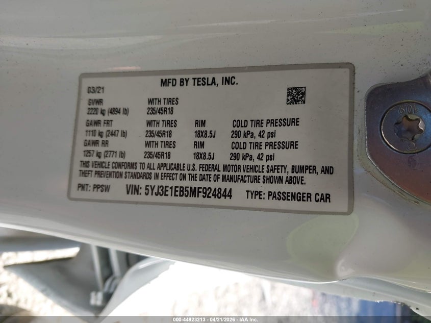 2021 Tesla Model 3 VIN 5YJ3E1EB5MF924844 IAAI salvage auction — LEFT SIDE, Clear (South Carolina), sold $7,400 on 2026-07-23 (photo 9)