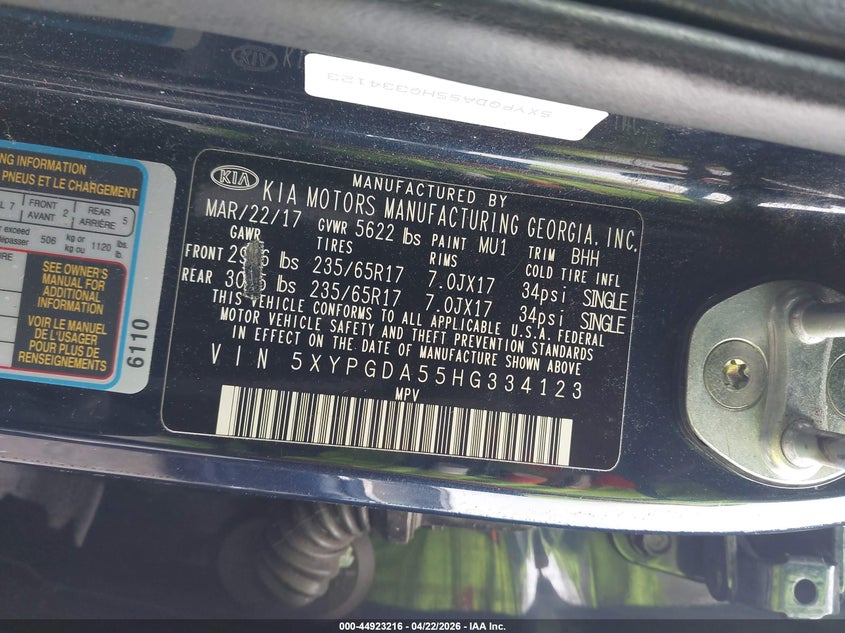 2017 Kia Sorento VIN 5XYPGDA55HG334123 IAAI salvage auction — REAR END, Bill Of Sale (Washington), sold $2,200 on 2026-07-24 (photo 9)