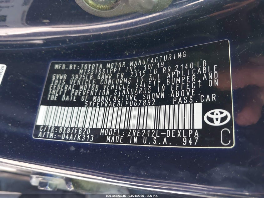 2020 Toyota Corolla VIN 5YFEPRAE8LP067892 IAAI salvage auction — LEFT FRONT, Salvage Title, sold $2,975 on 2026-07-22 (photo 9)