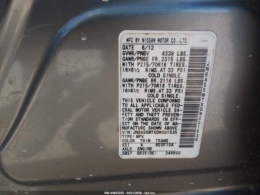 2013 Nissan Rogue VIN JN8AS5MTXDW001535 IAAI salvage auction — LEFT FRONT, Clear (South Carolina), sold $575 on 2026-07-08 (photo 9)