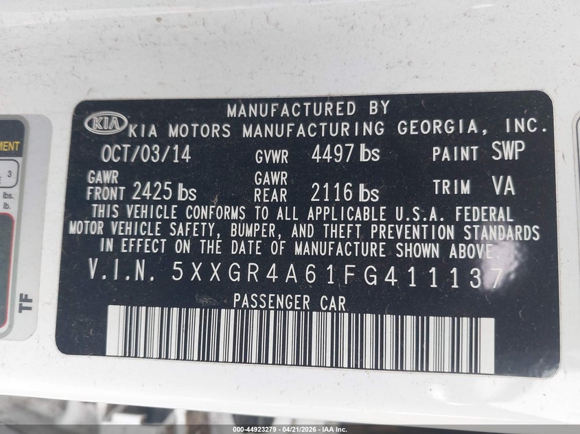 2015 Kia Optima VIN 5XXGR4A61FG411137 IAAI salvage auction — FRONT END, Salvage (California), sold $800 on 2026-07-22 (photo 9)