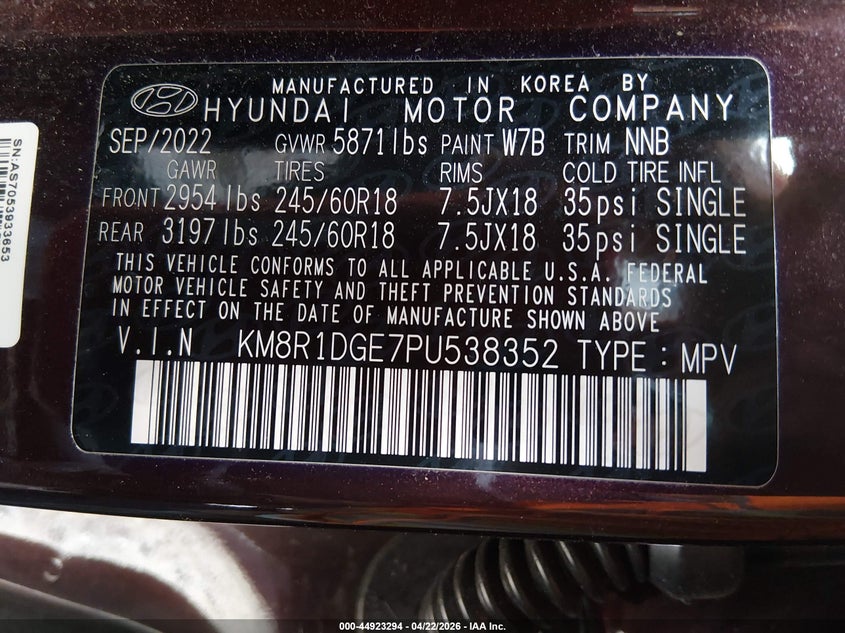 2023 Hyundai Palisade VIN KM8R1DGE7PU538352 IAAI salvage auction — ROLLOVER, Salvage Title, sold $1,350 on 2026-07-09 (photo 9)